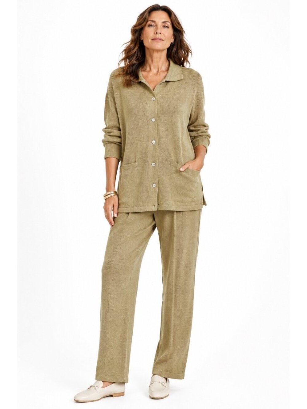 vintage HELEN HSU NY 2 piece knit pant set cardigan jacket XL tan 90s relaxed